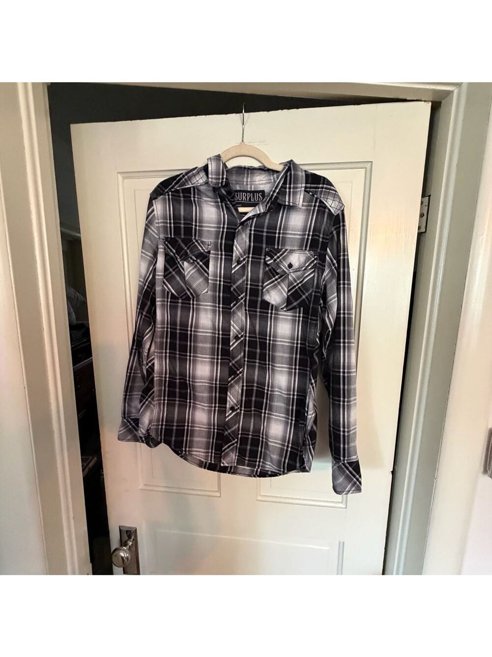 Surplus Men's Black and White Plaid Button Down Shirt Size M